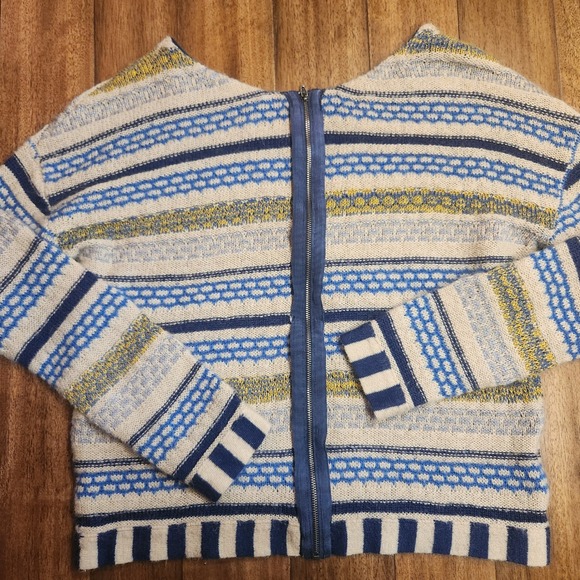 Fair Isle inspired Striped Knit Sweater Blue Cream Yellow Metallic Back Zip Boho - Picture 2 of 6